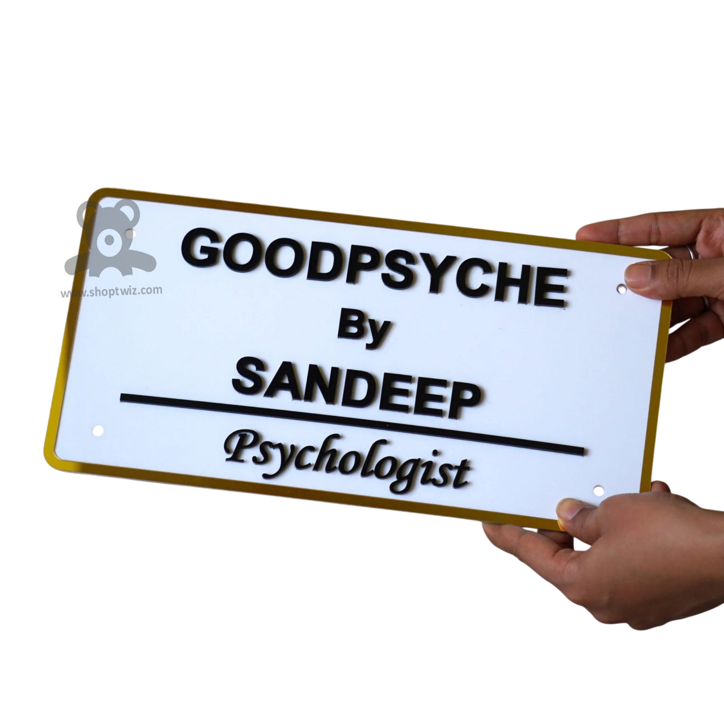 ShopTwiz Rectangle White And Golden Border Black Letter Name Plate for House and Office