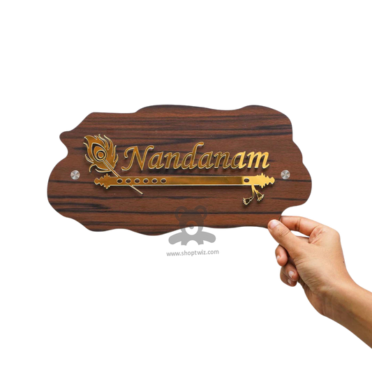 ShopTwiz Rectangle Design Wood Golden Basuri And Letter Name Plate for House and Office