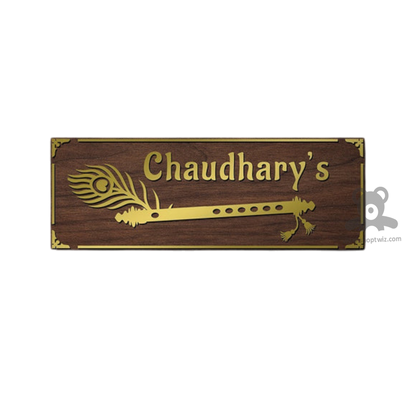 ShopTwiz Rectangle Wood Golden Letter And Design Basuri Name Plate for House and Office