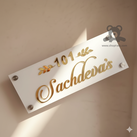 ShopTwiz Rectangle White Acrylic Golden Letter Name Plate for House and Office