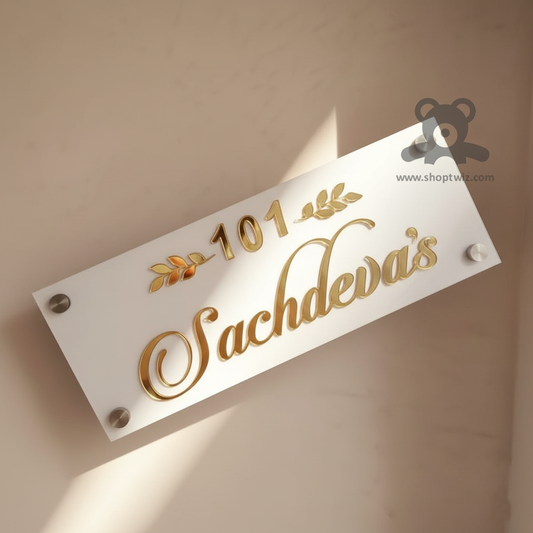 ShopTwiz Rectangle White Acrylic Golden Letter Name Plate for House and Office