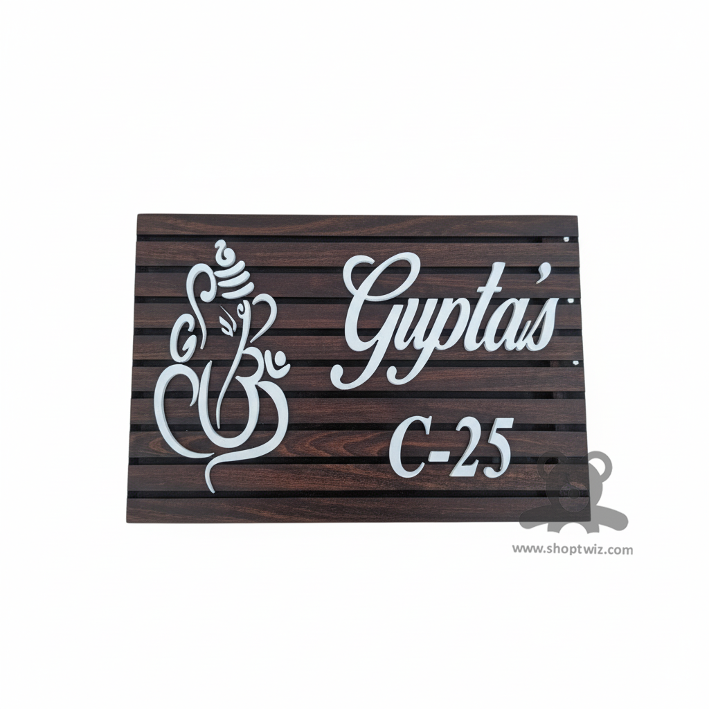 ShopTwiz Square Wood White Letter Ganesh Ji Name Plate for House and Office