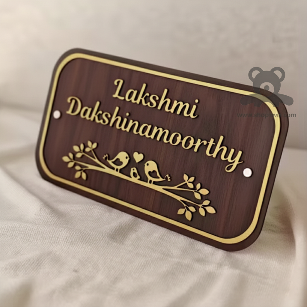 ShopTwiz Rectangle Wood Golden Letter Design Border Name Plate for House and Office