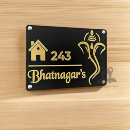ShopTwiz Square Black Acrylic Golden Ganesh Letter Name Plate for House and Office
