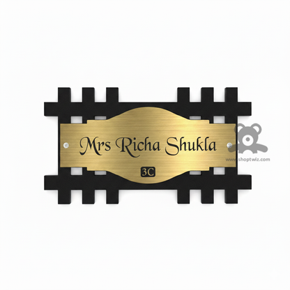 ShopTwiz Rectangle Wood Golden Acrylic Plate Black Letter Name Plate for House and Office