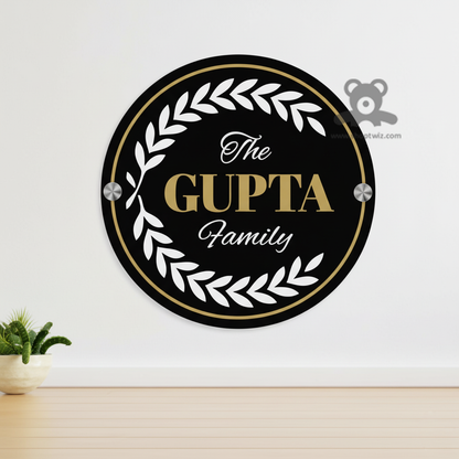 ShopTwiz Circle Black Acrylic White Leaves Golden Letter Name Plate for House and Office