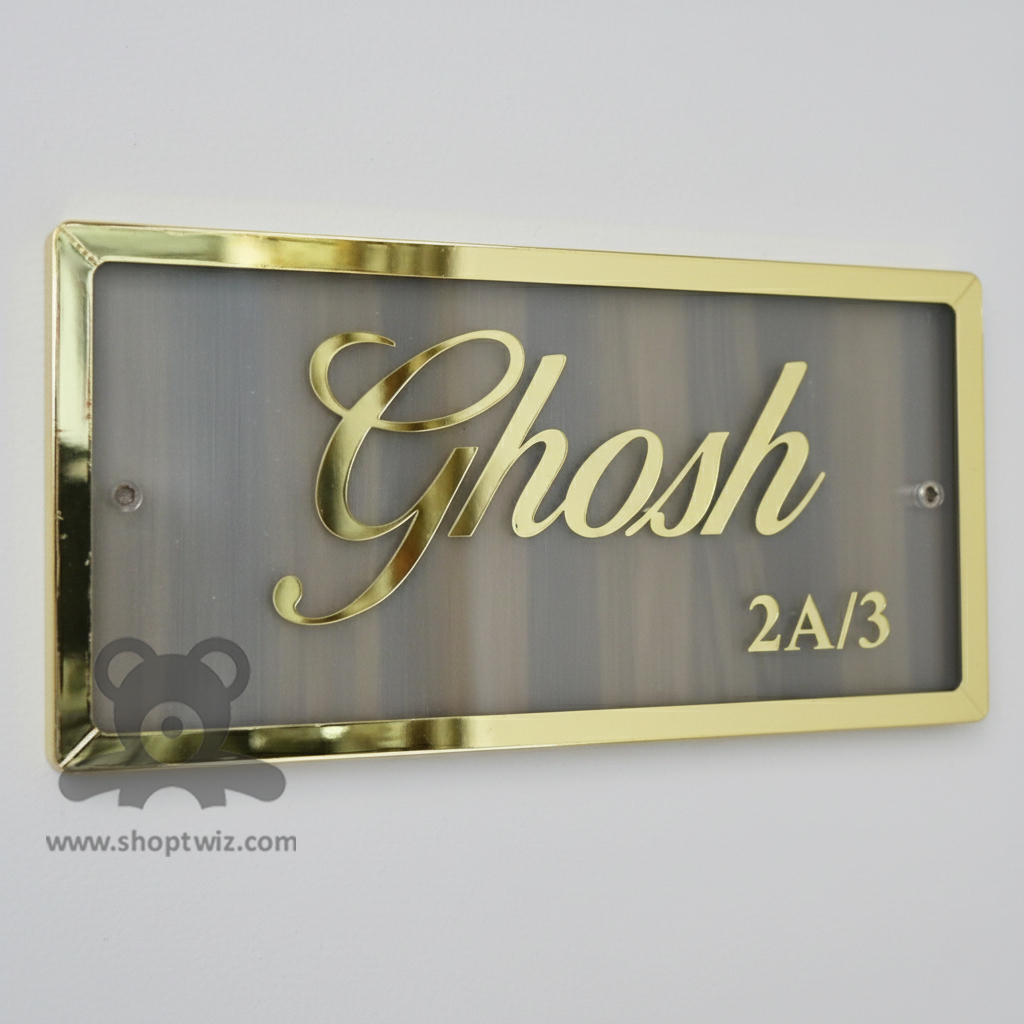 ShopTwiz Rectangle Transparent Golden Border Letter Name Plate for House and Office