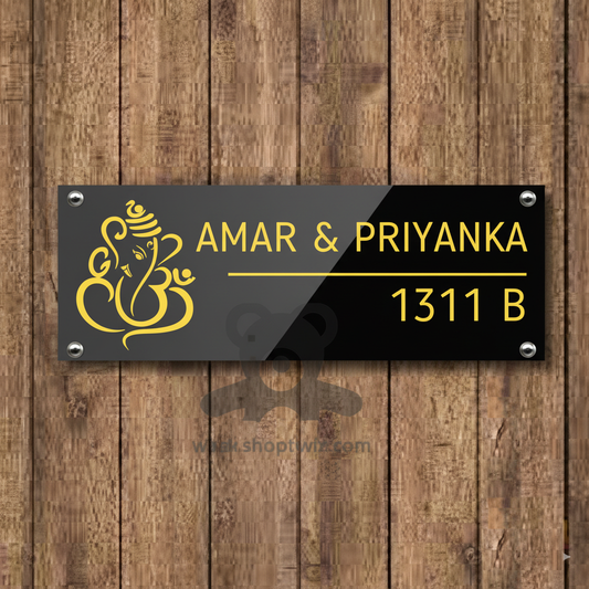 ShopTwiz Rectangle Black Acrylic And Golden Letter Ganesh Name Plate for House and Office
