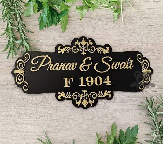 ShopTwiz Rectangle Black Golden Letter And Design Name Plate for House and Office