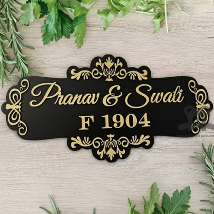 ShopTwiz Rectangle Black Golden Letter And Design Name Plate for House and Office