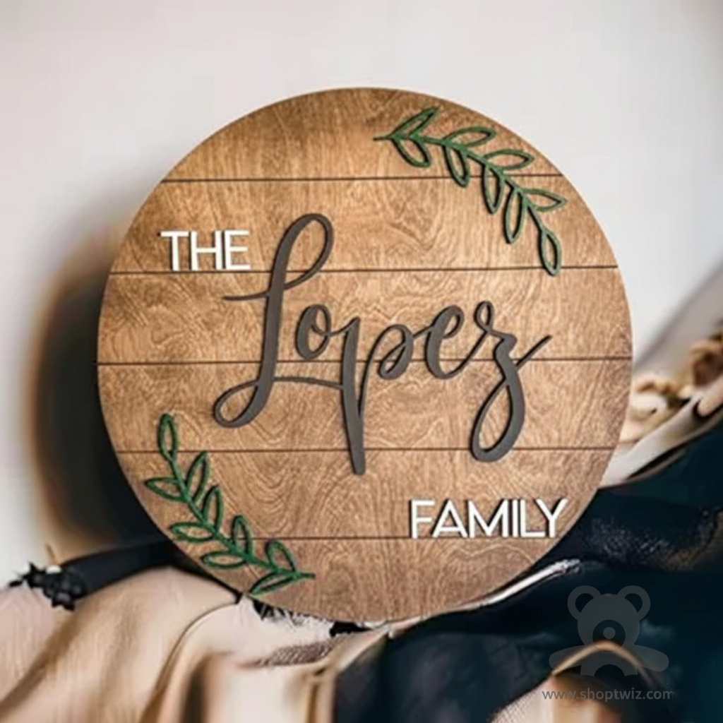 ShopTwiz Circle Wood White And Black Letter Green Design Name Plate for House and Office