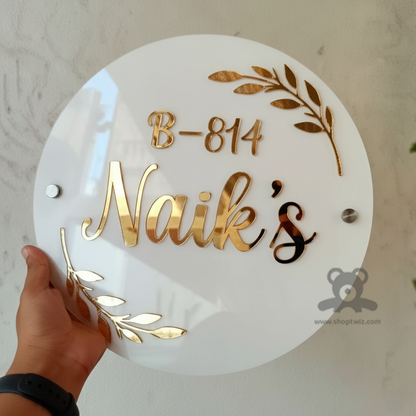 ShopTwiz Circle White Acrylic Golden Letter Name Plate for House and Office