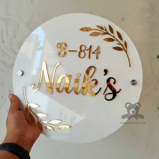 ShopTwiz Circle White Acrylic Golden Letter Name Plate for House and Office