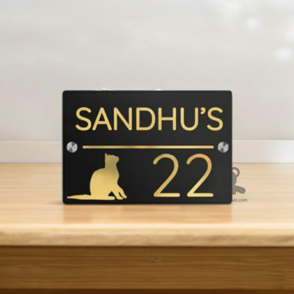 ShopTwiz Square Black and Golden Letter Cat Name Plate for House and Office