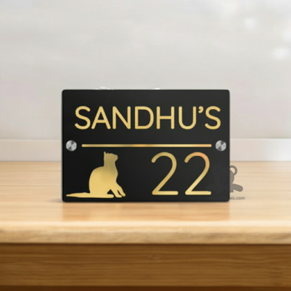 ShopTwiz Square Black and Golden Letter Cat Name Plate for House and Office