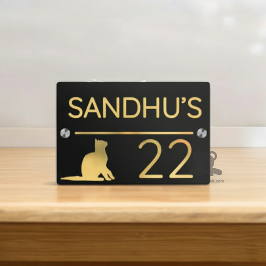 ShopTwiz Square Black and Golden Letter Cat Name Plate for House and Office