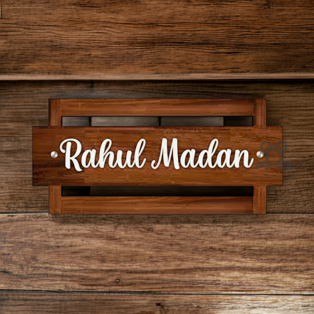 ShopTwiz Rectangle Wood Design with White Letter Name Plate for House and Office