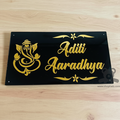 ShopTwiz Rectangle Black Acrylic Golden Ganesh And Letter Name Plate for House and Office