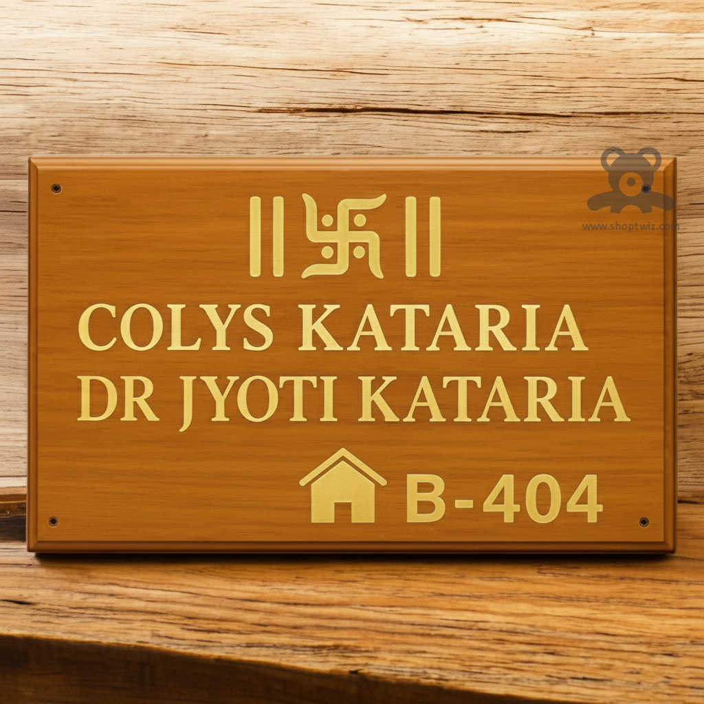 ShopTwiz Rectangle Wood Golden Letter and Swastik Name Plate for House and Office