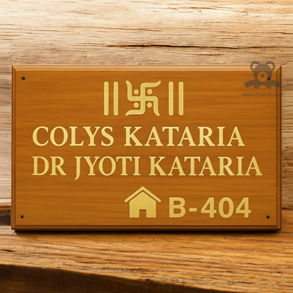 ShopTwiz Rectangle Wood Golden Letter and Swastik Name Plate for House and Office