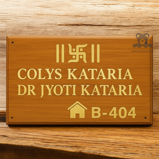 ShopTwiz Rectangle Wood Golden Letter and Swastik Name Plate for House and Office