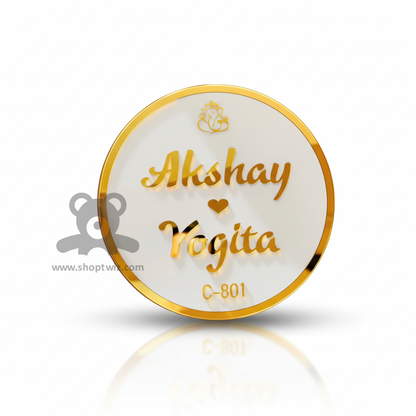 ShopTwiz Circle White Acrylic Golden Letter Ganesh Ji Name Plate for House and Office