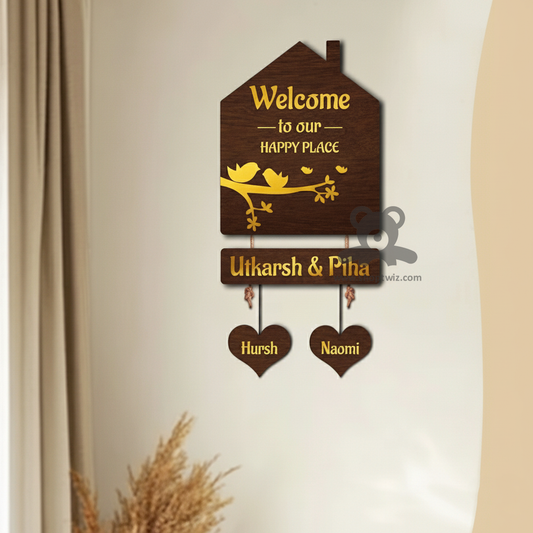 ShopTwiz Home Shape And Heart Wood Golden Letter Bird Name Plate for House and Office