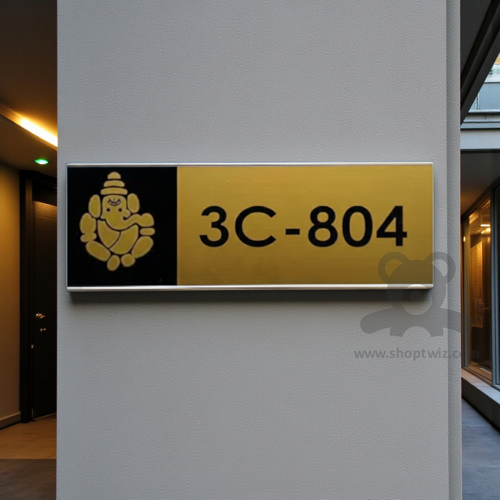 ShopTwiz Rectangle Black and Golden Ganesh Black Letter Name Plate for House and Office