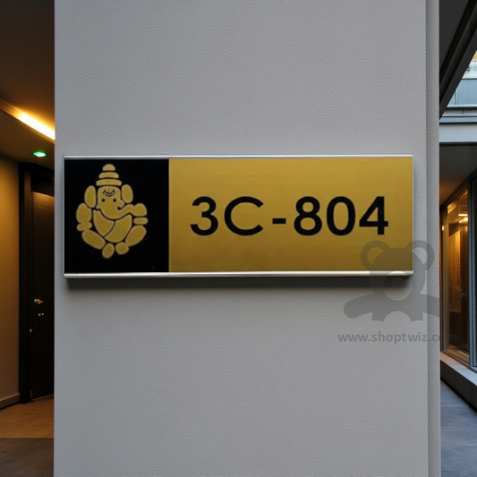 ShopTwiz Rectangle Black and Golden Ganesh Black Letter Name Plate for House and Office