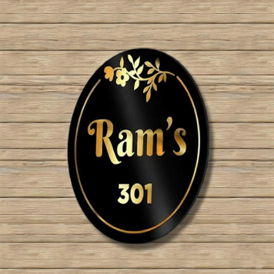 ShopTwiz Oval Black Acrylic Golden Letter Name Plate for House and Office