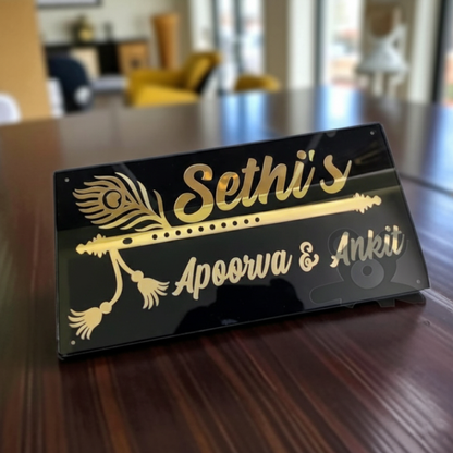 ShopTwiz Rectangle Black Acrylic Golden Letter And Basuri Name Plate for House and Office