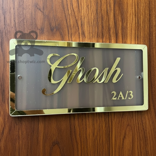 ShopTwiz Rectangle Transparent Golden Border Letter Name Plate for House and Office