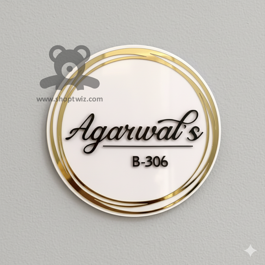 ShopTwiz Circle White Design with Golden Design Black Letter Name Plate for House and Office