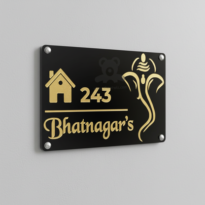 ShopTwiz Square Black Acrylic Golden Ganesh Letter Name Plate for House and Office