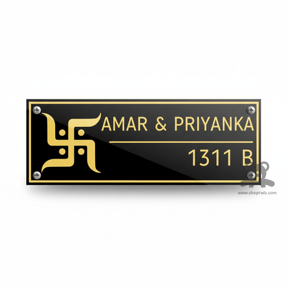 ShopTwiz Rectangle Acrylic Golden Letter Swastik Name Plate for House and Office