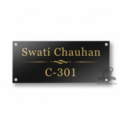 ShopTwiz Rectangle Black Acrylic Golden Letter Name Plate for House and Office