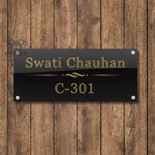 ShopTwiz Rectangle Black Acrylic Golden Letter Name Plate for House and Office