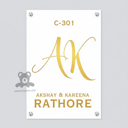 ShopTwiz Rectangle White Golden Letter Name Plate for House and Office