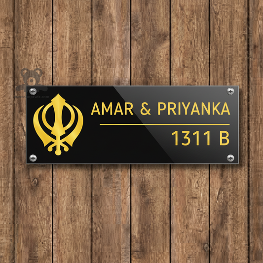 ShopTwiz Rectangle Black Acrylic Golden Letter Sikh Name Plate for House and Office