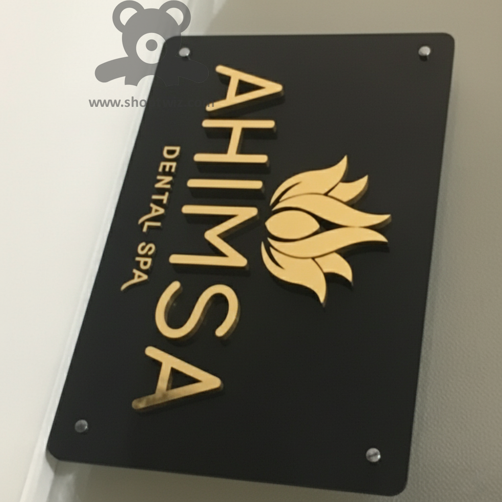 ShopTwiz Rectangle Black Acrylic Golden Letter Flower Design Name Plate for House and Office