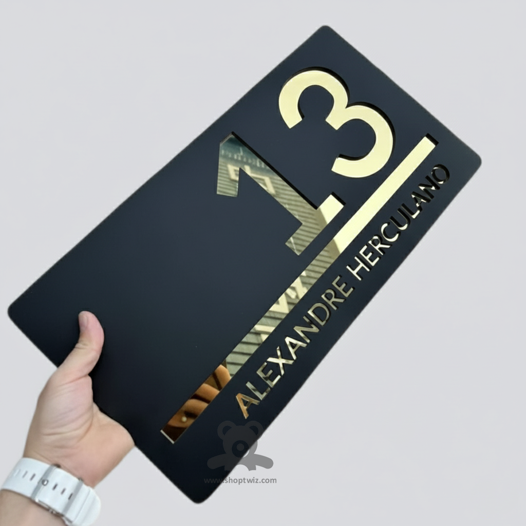 ShopTwiz Rectangle Black Golden Letter Name Plate for House and Office