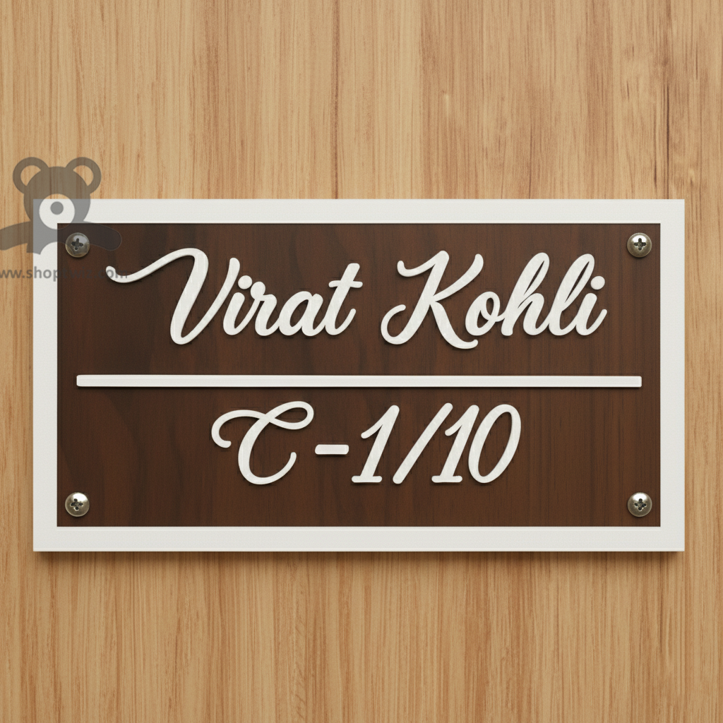 ShopTwiz Rectangle Wood White Border and Letter Name Plate for House and Office