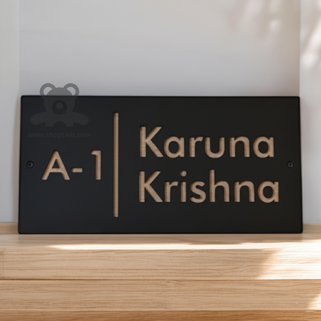 ShopTwiz Rectangle Black Golden Letter Name Plate for House and Office