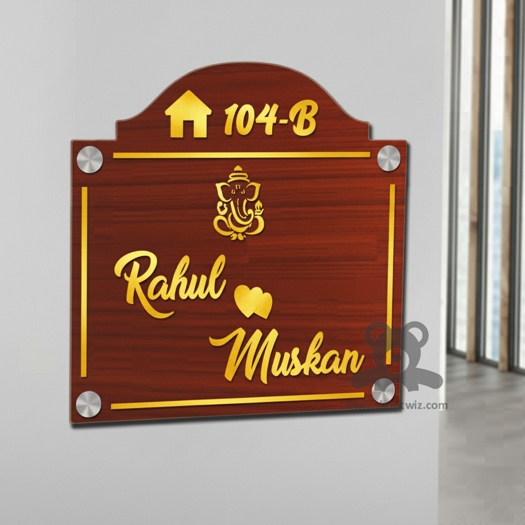 ShopTwiz Square Wood Golden Letter And Design Ganesh Ji Name Plate for House and Office