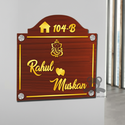 ShopTwiz Square Wood Golden Letter And Design Ganesh Ji Name Plate for House and Office