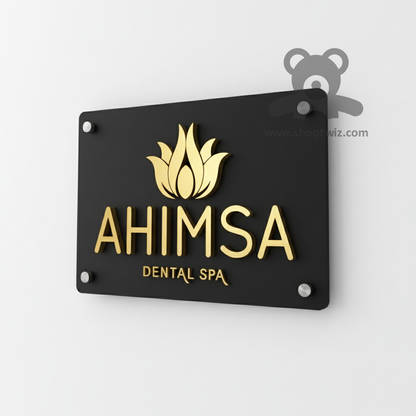 ShopTwiz Rectangle Black Acrylic Golden Letter Flower Design Name Plate for House and Office