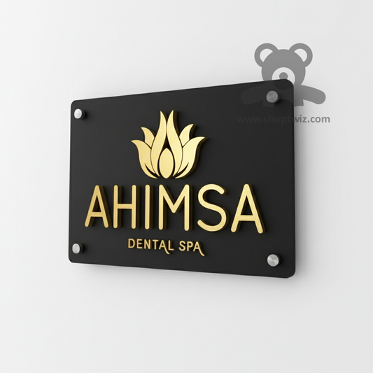 ShopTwiz Rectangle Black Acrylic Golden Letter Flower Design Name Plate for House and Office