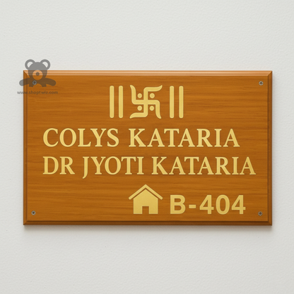 ShopTwiz Rectangle Wood Golden Letter and Swastik Name Plate for House and Office