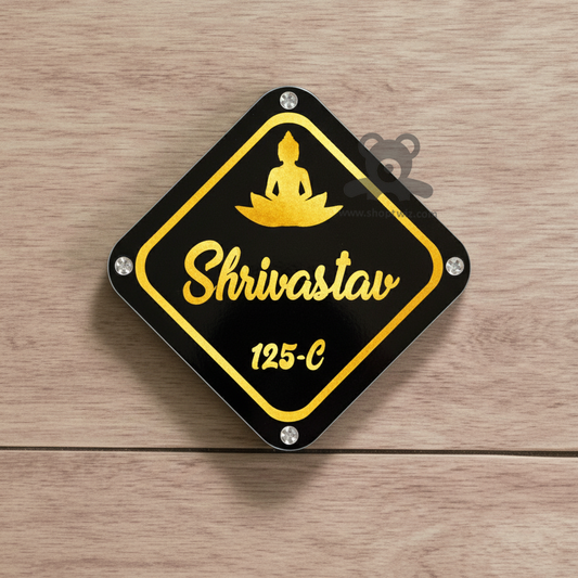 ShopTwiz Square Black Golden Letter Buddha Ji Name Plate for House and Office
