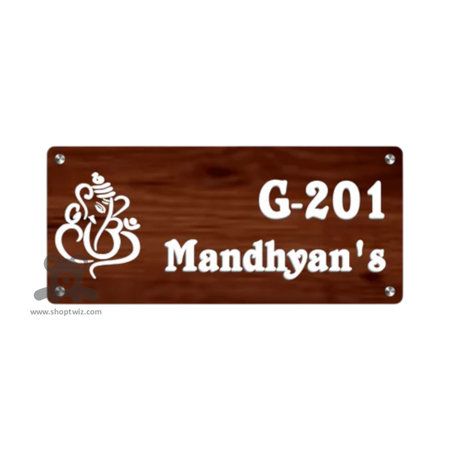 ShopTwiz Rectangle Wood White Letter Ganesh Name Plate for House and Office
